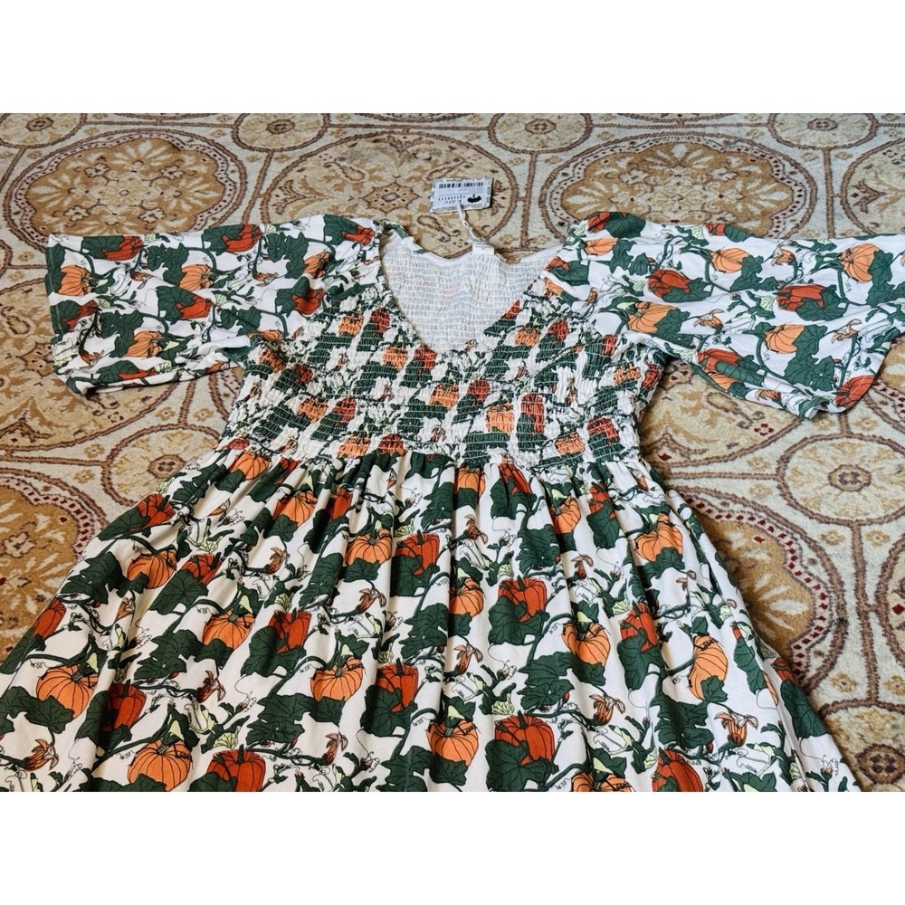 NWT Kate Quinn Women's Flutter Sleeve Smocked Midi Dress Pumpkin‎ Heirloom Large - Picture 2 of 7